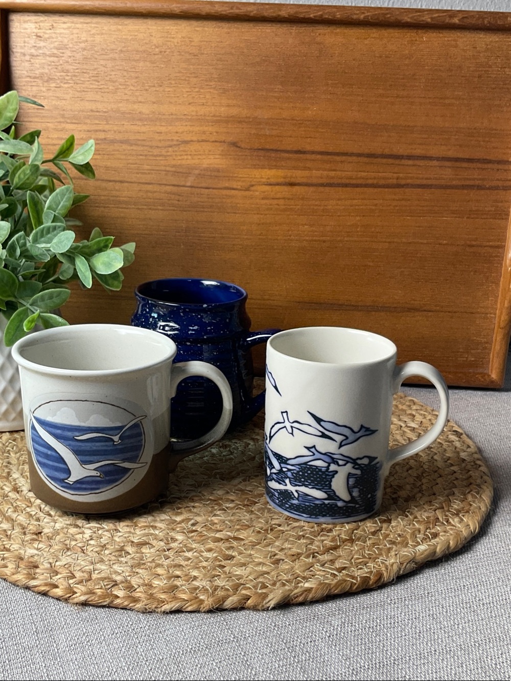 Costal Seagull Mug Set of 3 Blue White Ocean Coffee Cups Curated Collection